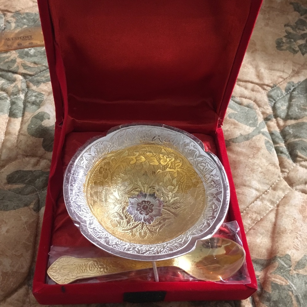 Brass silver coated bowl spoon serving set